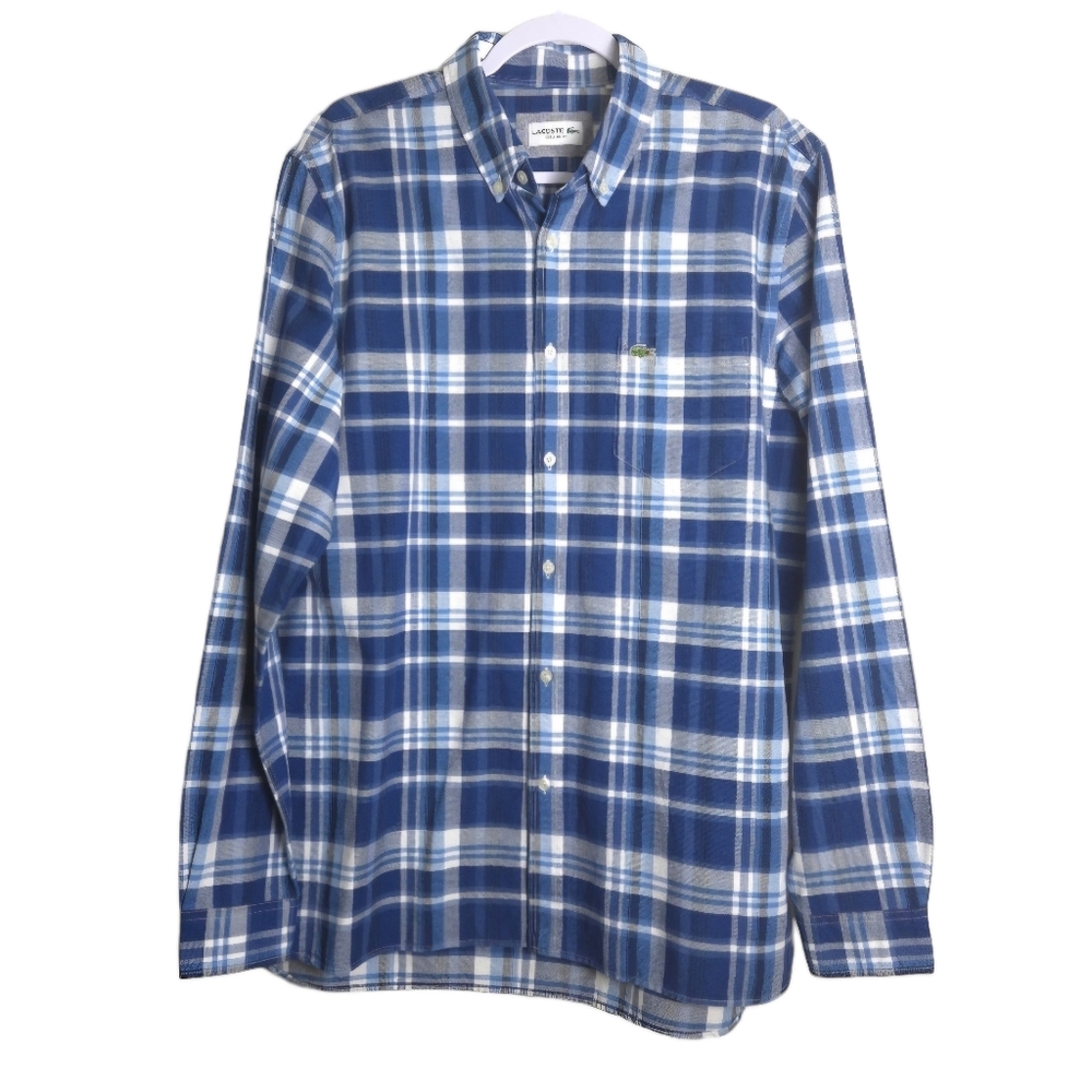 LACOSTE‎ Mens Classic Regular Fit Blue Plaid Casual Button-Down Shirt L